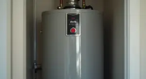 AO Smith gas water heater with a red pilot light button, installed in a utility space