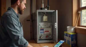 A person inspecting an A.O. Smith water heater in a utility room.