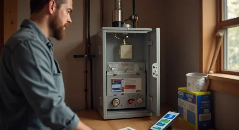 A person inspecting an A.O. Smith water heater in a utility room.