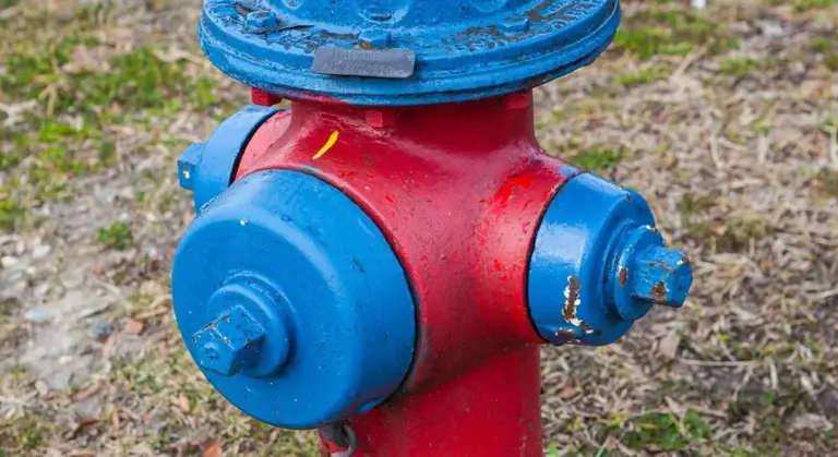 Close-up of a red backflow preventer with blue end caps outdoors on a grassy surface.