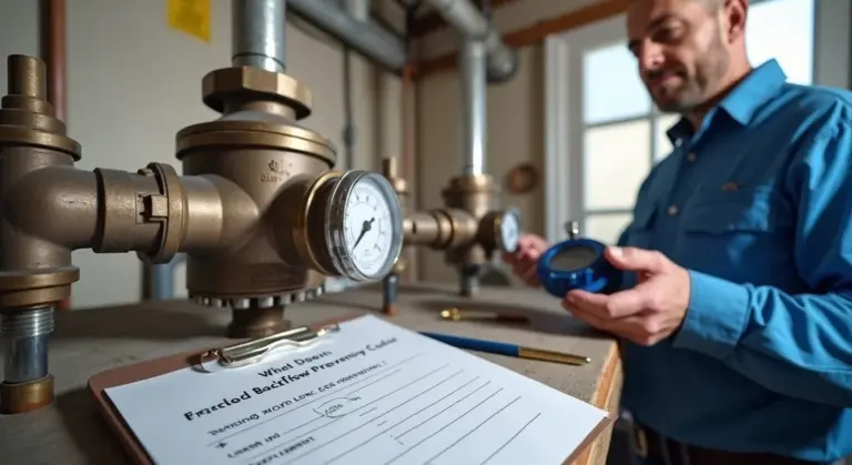 Technician in a blue shirt tests a backflow preventer, using a pressure gauge and holding a tool near the unit, with a clipboard in the foreground.