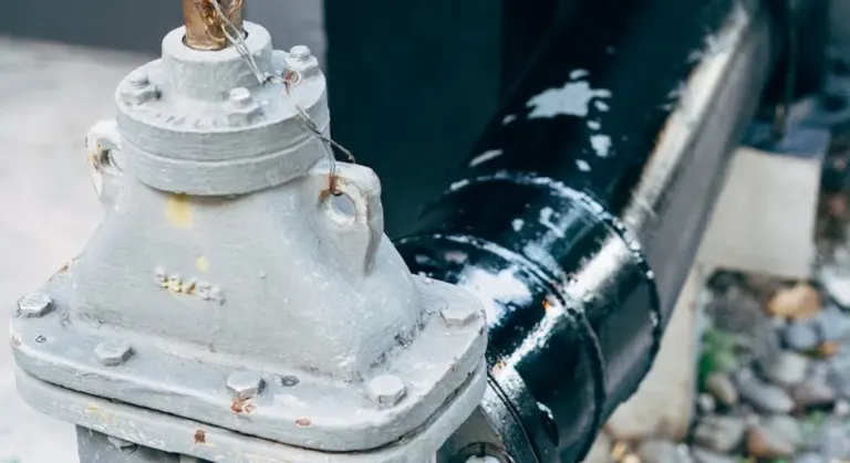 Outdoor close-up of a metal backflow prevention valve attached to a dark pipe on an exterior setting.