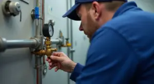 Technician in a blue uniform adjusting a backflow prevention device with a pressure gauge in a utility setting.