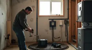 Person installing a sump pump battery backup in a dim basement with a window, surrounding tools and equipment.