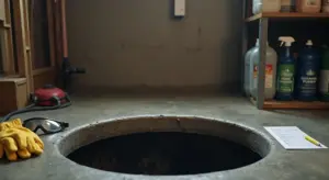 Sump pit in a concrete basement floor with cleaning supplies on a shelf to the right, yellow work gloves nearby, and a notebook beside the pit.