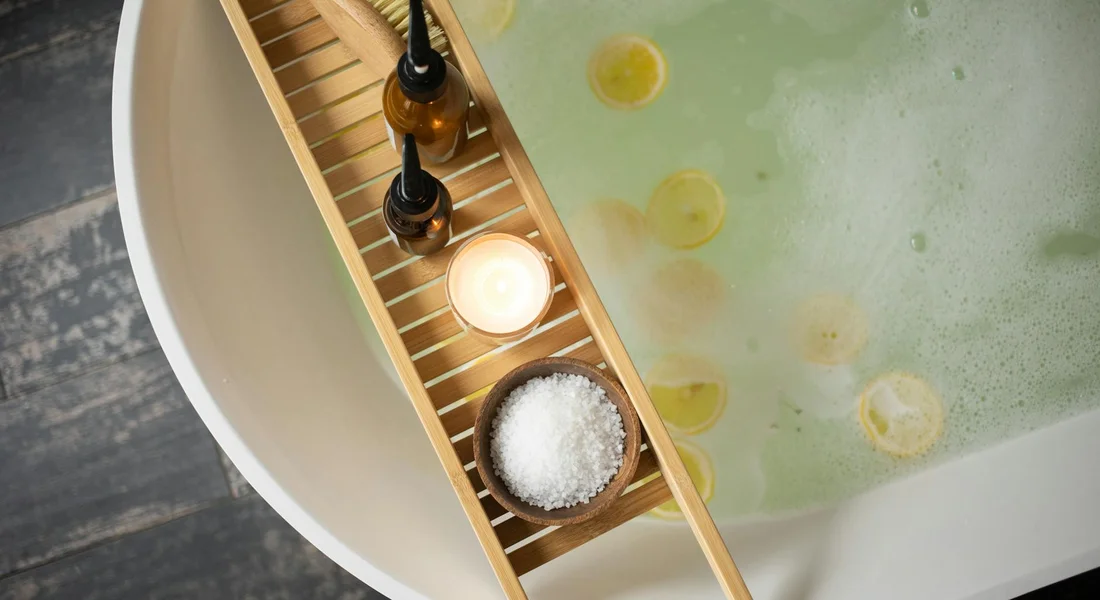 Spa bath with a wooden bath tray, a lit candle, and a small dish of bath salt beside a bottle; tub water contains yellow citrus slices floating around.