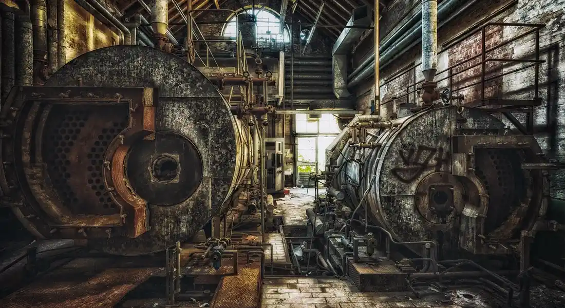 Industrial boiler room with two large, aged boilers and an intricate network of pipes and valves, highlighting a maintenance-heavy environment where backflow preventers must be checked for leaks, corrosion, and blockages.