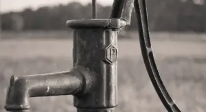 Close-up of a metal deep well pump head with piping and a power cord, shown in grayscale.