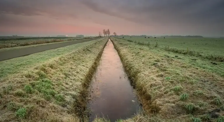 A long, narrow water-filled drainage ditch runs through a grassy field at sunset.