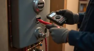 Technician wearing gloves uses a digital multimeter to test an electric water heater's wiring and thermostat connections.