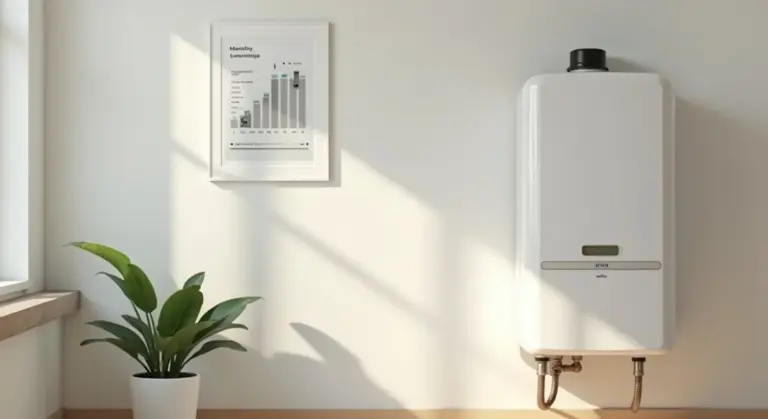 White wall-mounted electric water heater with exposed piping, a potted plant, and a framed chart on a sunlit wall.