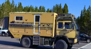 Yellow expedition-style RV with animal silhouette artwork on the side, parked in a paved lot with trees in the background.