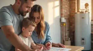 A family of three sits at a table reviewing plans in a home utility room, planning the right size and capacity for a water heater.