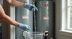 Person wearing blue gloves drains a water heater by opening a valve, letting water flow into a bucket to remove sediment