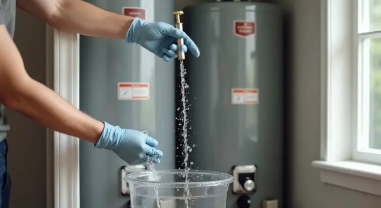 Person wearing blue gloves drains a water heater by opening a valve, letting water flow into a bucket to remove sediment