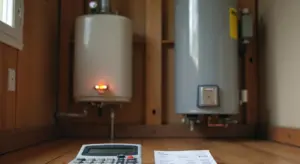 Two residential water heaters in a utility room, a gas heater on the left with a warm glow and an electric heater on the right, with a calculator and cost sheets on the floor.
