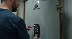 Technician standing in a utility room, adjusting the control panel on an AO Smith gas water heater connected to copper pipes