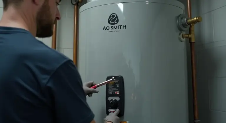 Technician standing in a utility room, adjusting the control panel on an AO Smith gas water heater connected to copper pipes