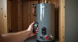 A hand holding a digital tester near a gas water heater inside a small utility closet.