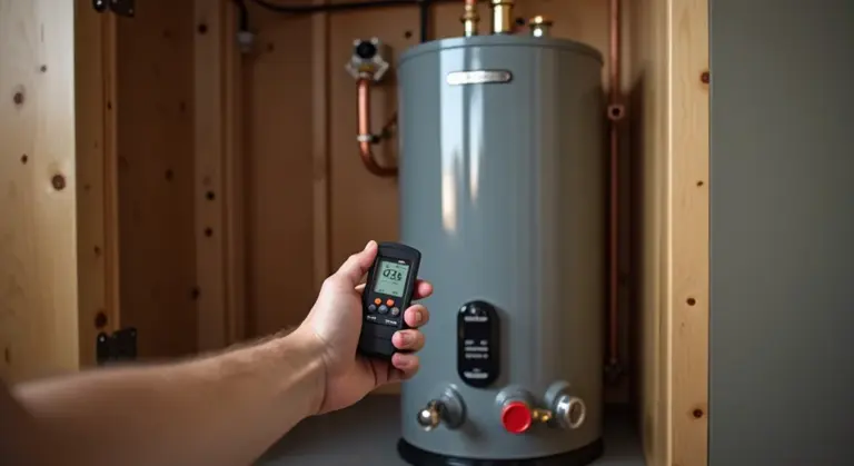 A hand holding a digital tester near a gas water heater inside a small utility closet.