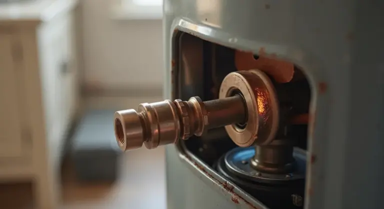 Close-up of a gas water heater thermocouple assembly, showing the sensor tube extending toward the burner and surrounding components.