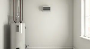 White gas water heater in a utility room with vent pipes and a wall vent.