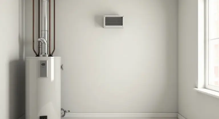 White gas water heater in a utility room with vent pipes and a wall vent.