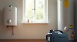 A portable generator sits in a home utility room with a wall-mounted tankless water heater on the left and a conventional water heater on the right.