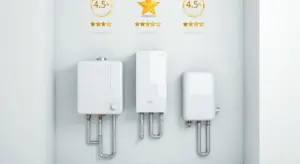 Three white water heaters mounted on a wall with copper pipes, with rating icons above