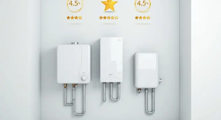 Three white water heaters mounted on a wall with copper pipes, with rating icons above