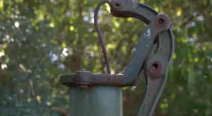 Close-up of a rusty outdoor hand pump with a curved lever, against a blurred green background.