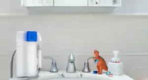 Bathroom sink with a water filtration system, two faucet handles, and a small orange dinosaur toy near a bottle of soap.