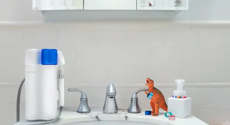 Bathroom sink with a water filtration system, two faucet handles, and a small orange dinosaur toy near a bottle of soap.