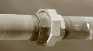 Close-up photograph of a metal water pipe with a compression nut and threaded joint