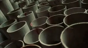 Close-up view of numerous gray PVC pipe ends stacked upright in a storage area.