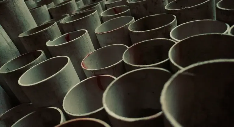Close-up view of numerous gray PVC pipe ends stacked upright in a storage area.