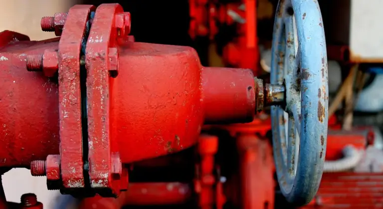 Close-up of a red sump pump valve with a blue hand wheel, showing mechanical components.