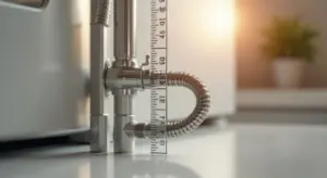 Close-up of a stainless steel braided refrigerator water line connected to a valve, with a measuring tape in the foreground.