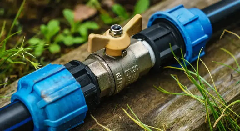 Close-up of a brass shut-off valve on a metal water pipe with blue plastic fittings, resting on a wooden surface with grass nearby.