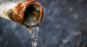 Close-up of a corroded metal water pipe with rust around the opening and water leaking, showing mineral buildup.