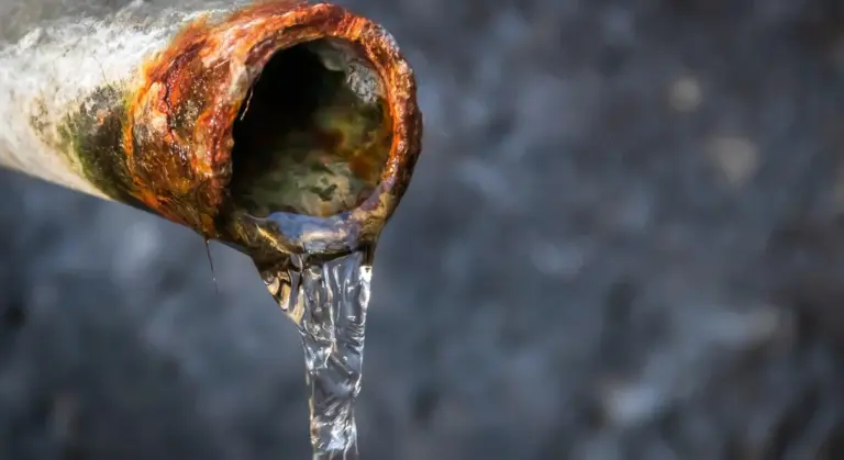 Close-up of a corroded metal water pipe with rust around the opening and water leaking, showing mineral buildup.