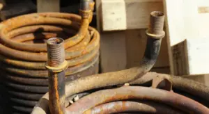 Close-up of rusted metal pipes and coiled hoses in an outdoor utility area.