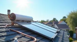 Solar water heating system on a residential roof featuring flat-plate collectors, a storage tank, and copper piping