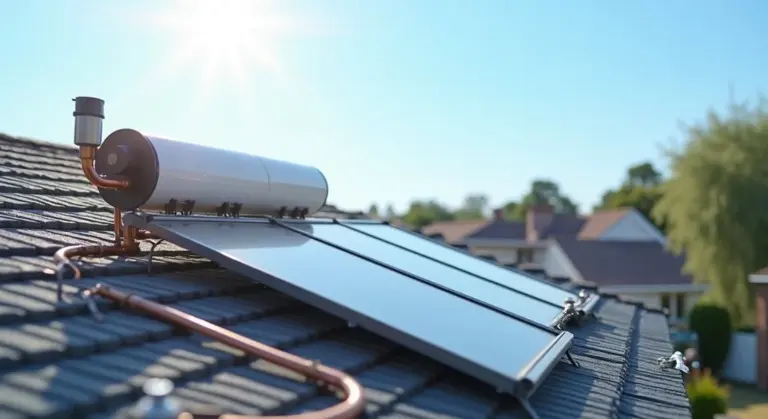 Solar water heating system on a residential roof featuring flat-plate collectors, a storage tank, and copper piping