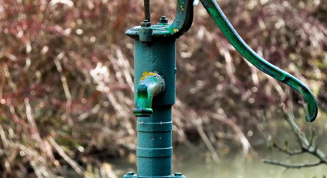 Close-up of a green outdoor sump pump discharge valve with a hose attached in a damp garden setting.