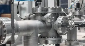 Close-up of a metal piping system with flanges and valves, illustrating pump infrastructure used in home water systems.