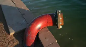 Red curved sump pump discharge pipe protruding from a concrete edge into a body of water.