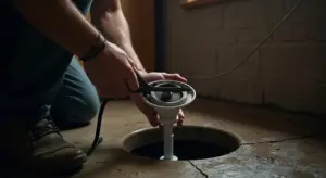 Close-up of a person removing the impeller screen from a sump pump, hands gripping a tool over a pit in a concrete floor