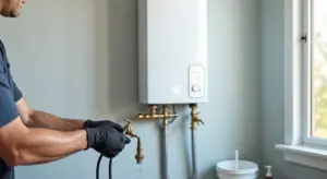 Technician wearing gloves flushing a wall-mounted tankless water heater with hoses and fittings in a utility room.