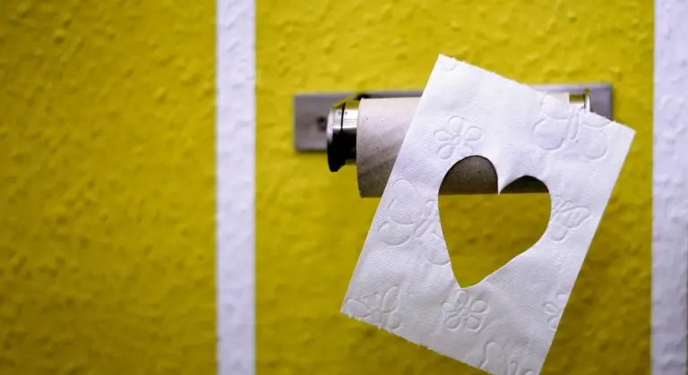 Close-up of a toilet fill valve with a decorative tissue cutout in the shape of a heart.